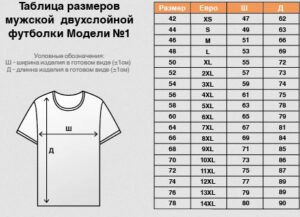 Таблица размеров мужской двухслойной футболки, модель №1